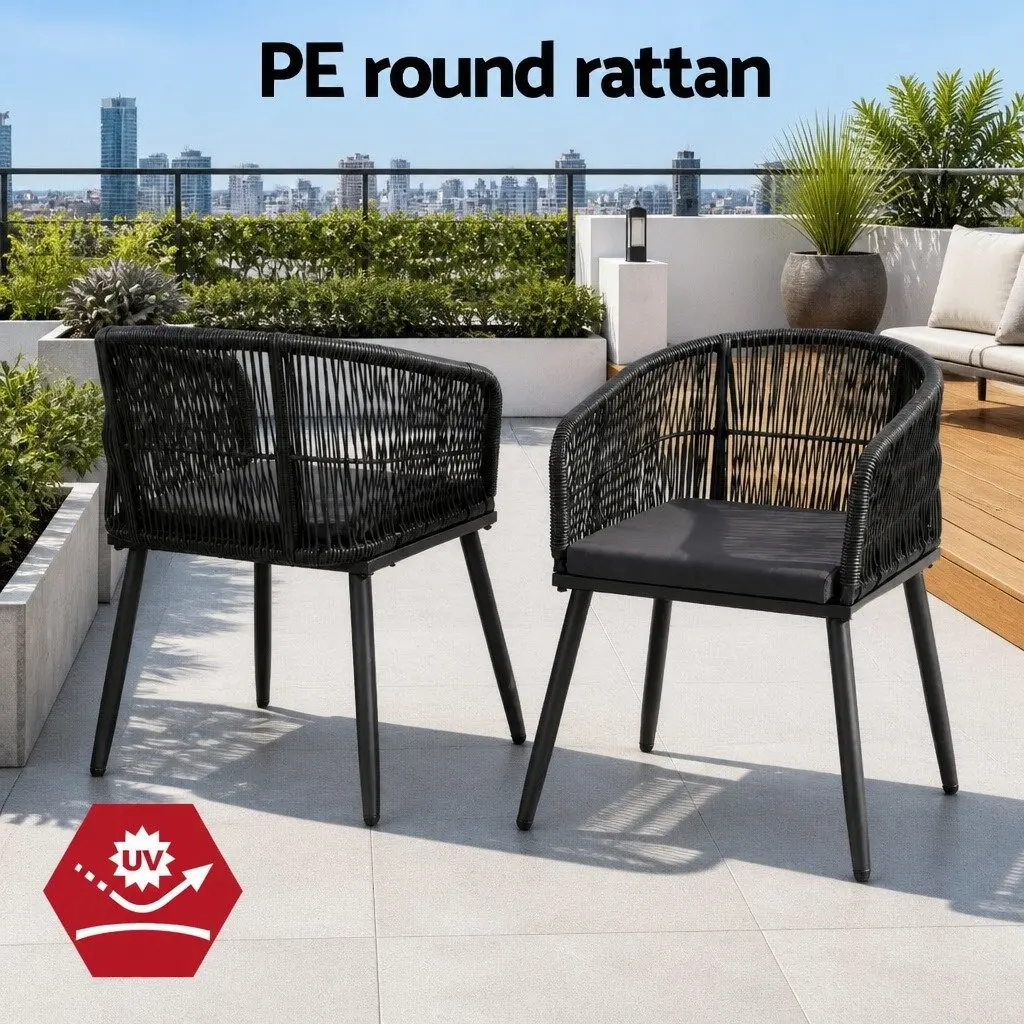 Outdoor Chairs Black 2PC Wicker Patio Furniture Steel Frame Cushioned Seats