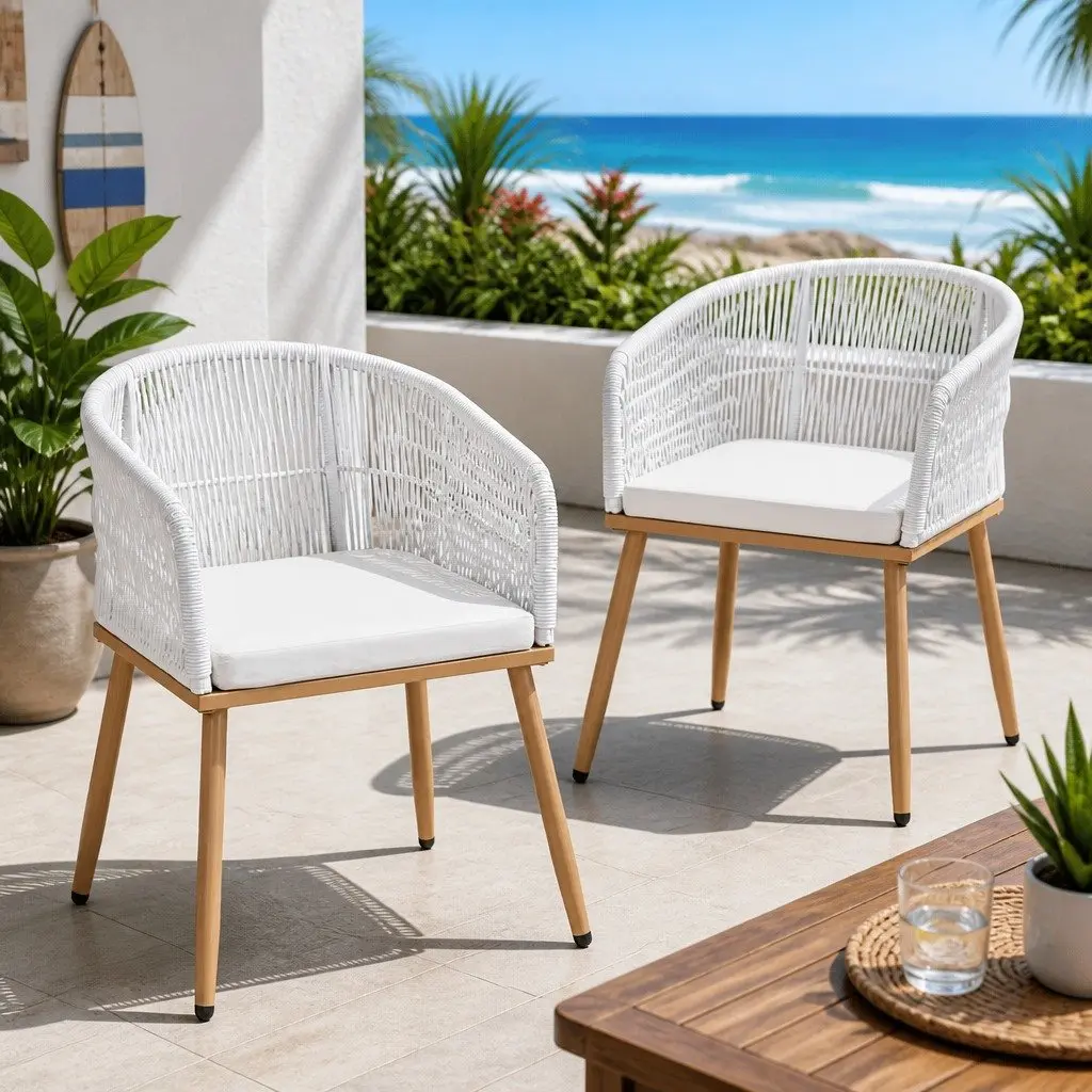 Outdoor Chairs White 2PC Wicker Patio Armchairs Steel Frame High-Density Foam Cushions