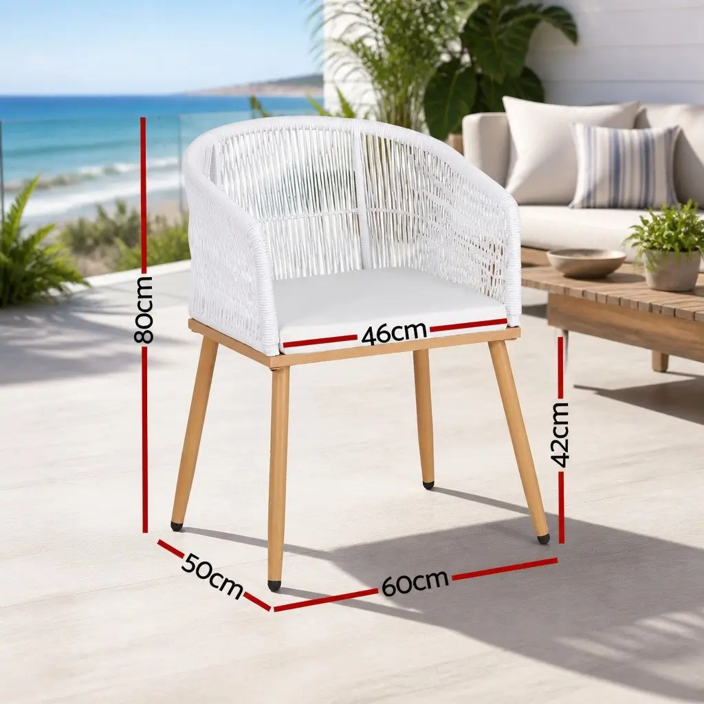 Outdoor Chairs White 2PC Wicker Patio Armchairs Steel Frame High-Density Foam Cushions