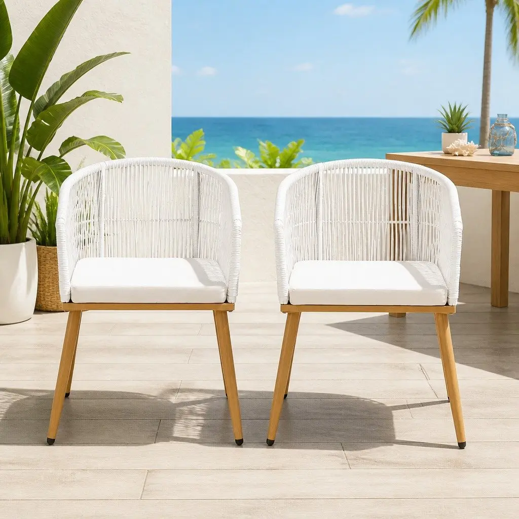 Outdoor Chairs White 2PC Wicker Patio Armchairs Steel Frame High-Density Foam Cushions