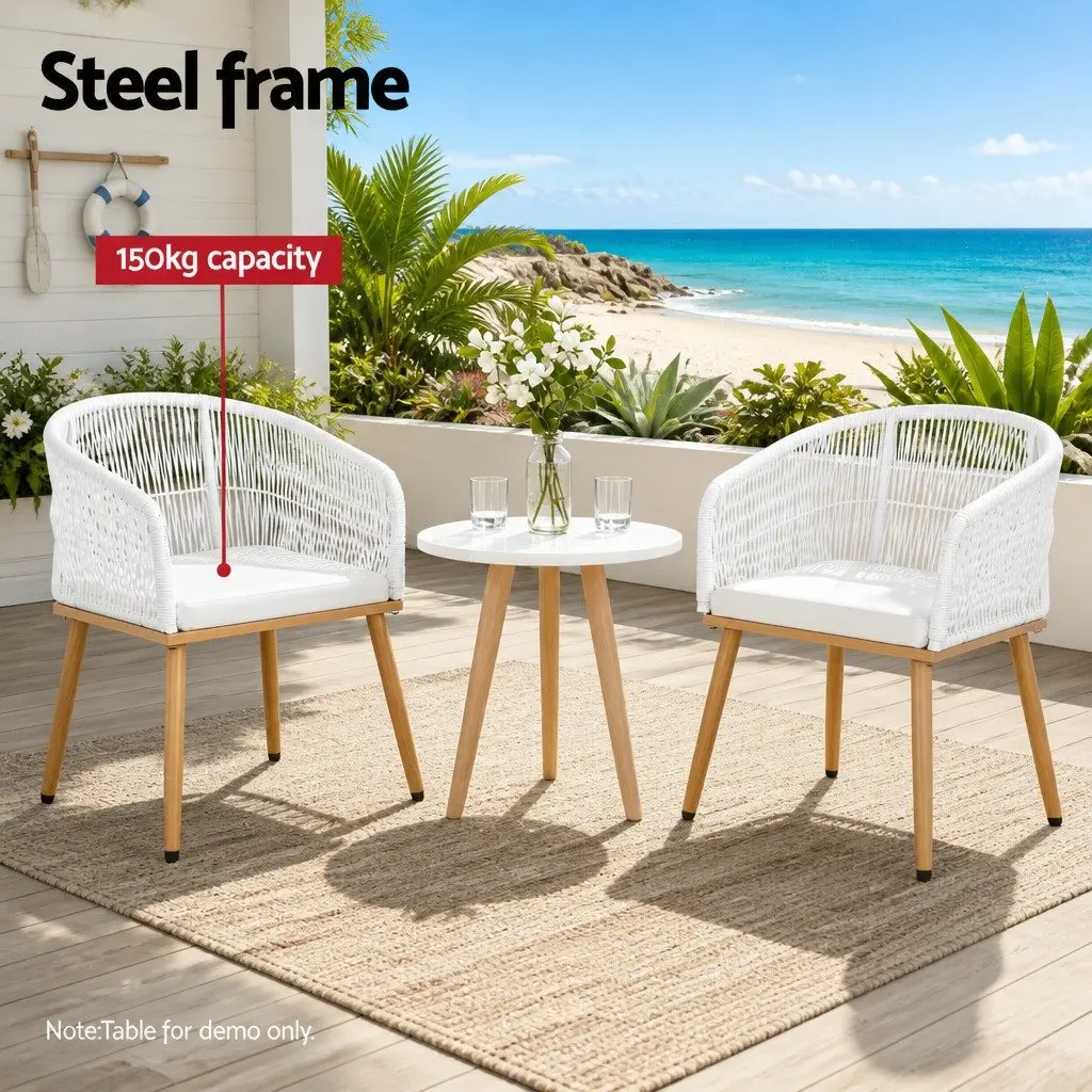 Outdoor Chairs White 2PC Wicker Patio Armchairs Steel Frame High-Density Foam Cushions