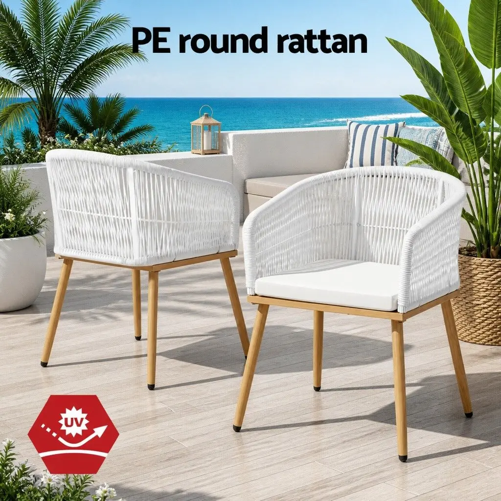 Outdoor Chairs White 2PC Wicker Patio Armchairs Steel Frame High-Density Foam Cushions
