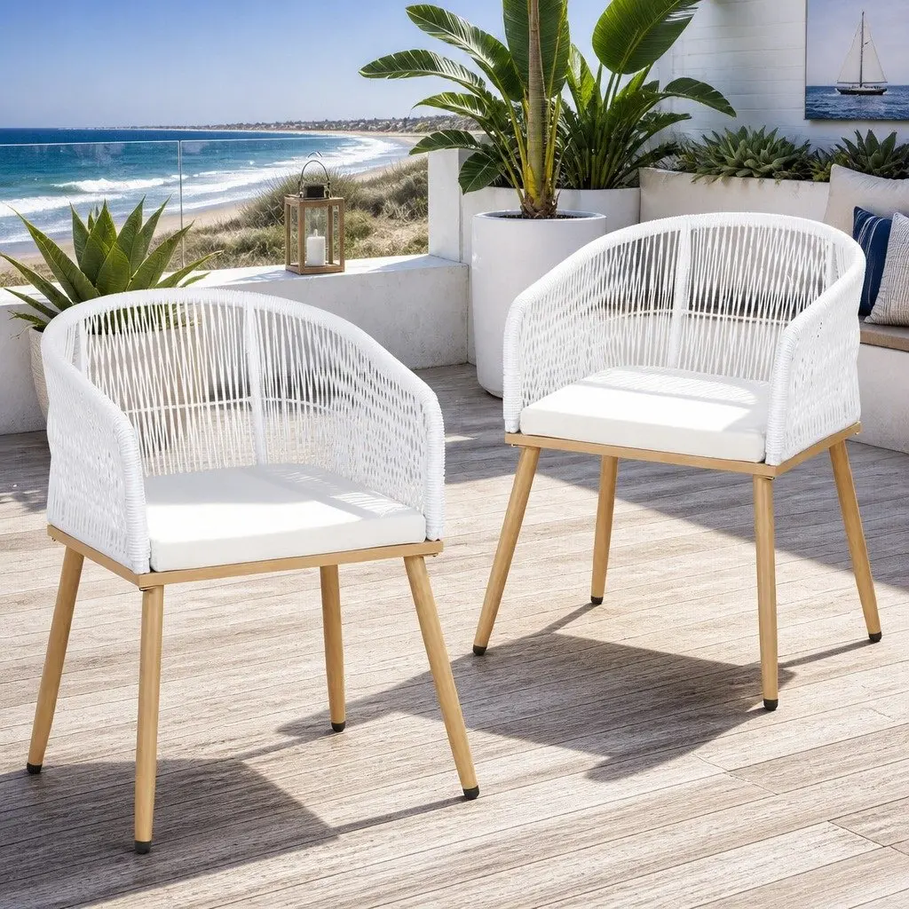 Outdoor Chairs White 2PC Wicker Patio Armchairs Steel Frame High-Density Foam Cushions