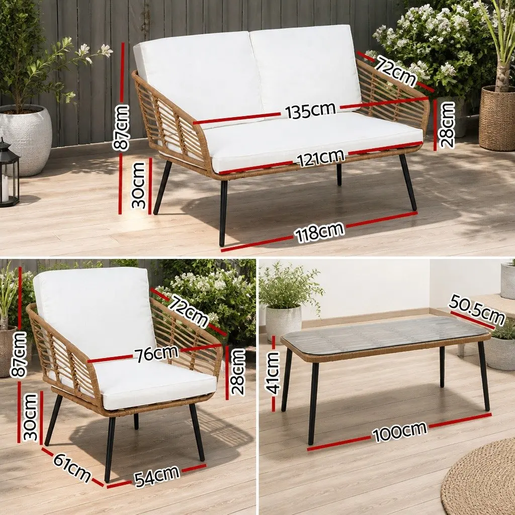 4-Piece Outdoor Lounge Setting Rattan Sofa Set White High-Density Foam Cushions
