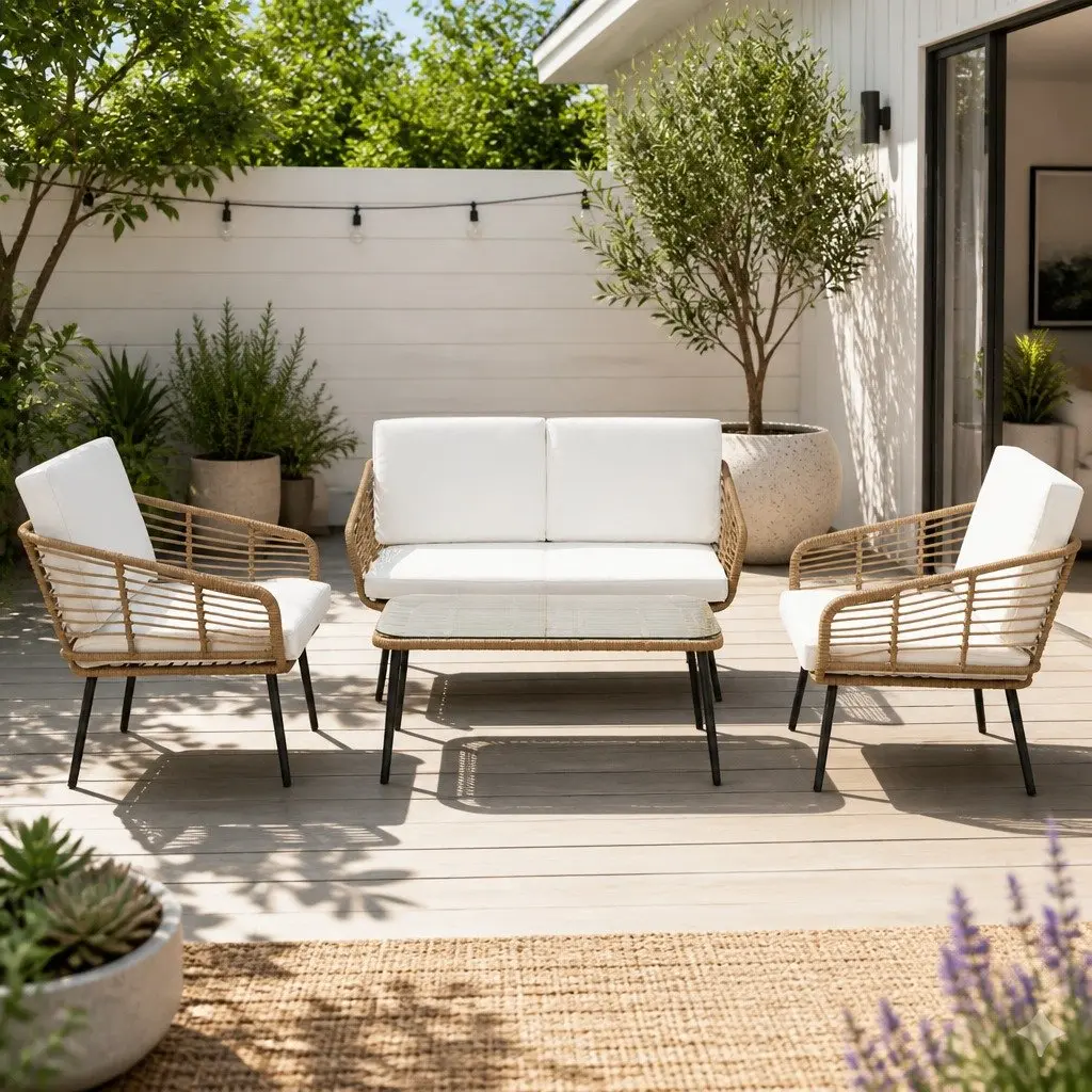 4-Piece Outdoor Lounge Setting Rattan Sofa Set White High-Density Foam Cushions