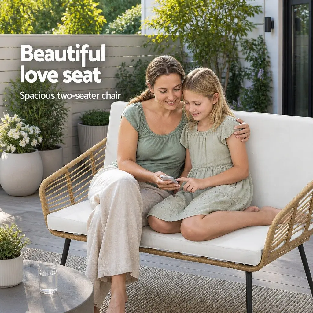 4-Piece Outdoor Lounge Setting Rattan Sofa Set White High-Density Foam Cushions