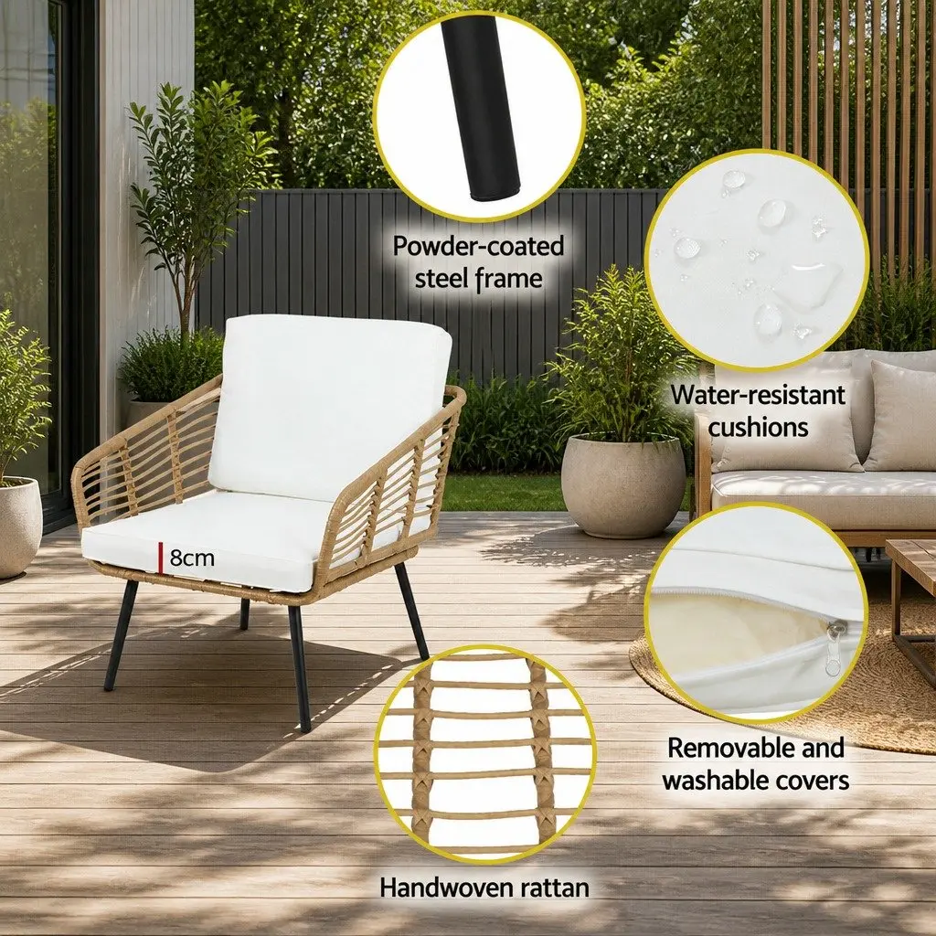 4-Piece Outdoor Lounge Setting Rattan Sofa Set White High-Density Foam Cushions