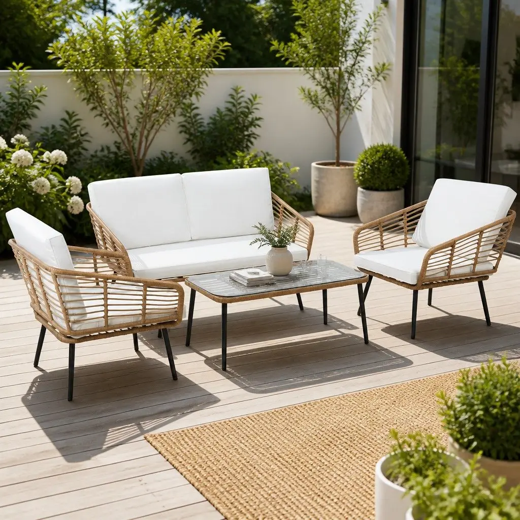 4-Piece Outdoor Lounge Setting Rattan Sofa Set White High-Density Foam Cushions
