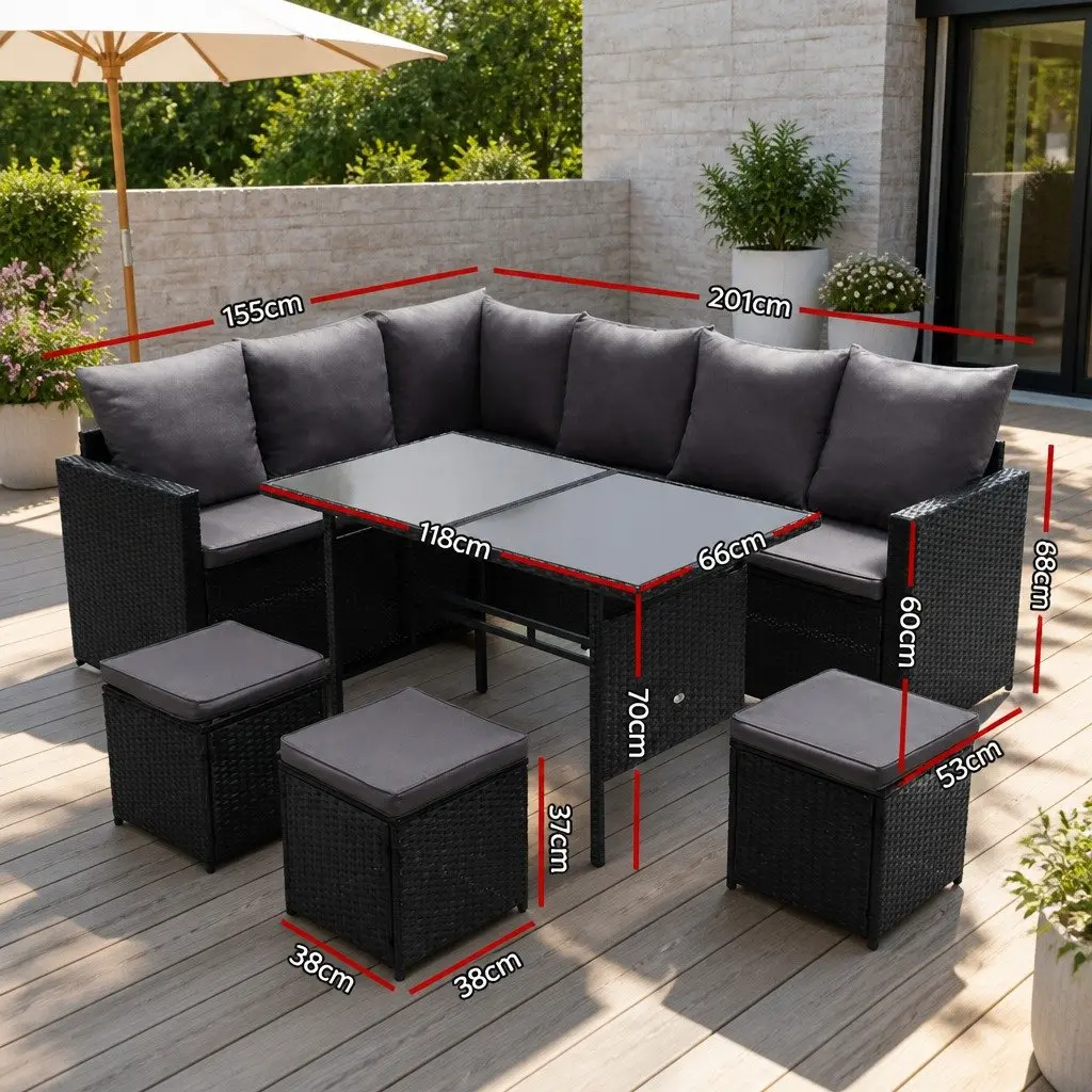 Outdoor Sofa Dining Set Black 9 Piece Modular Lounge Chairs Table Ottoman with Cover