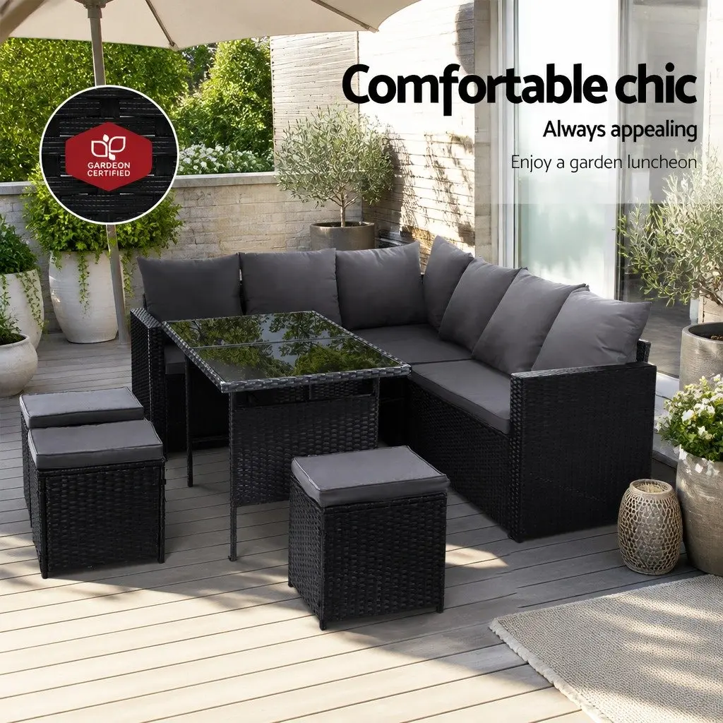 Outdoor Sofa Dining Set Black 9 Piece Modular Lounge Chairs Table Ottoman with Cover