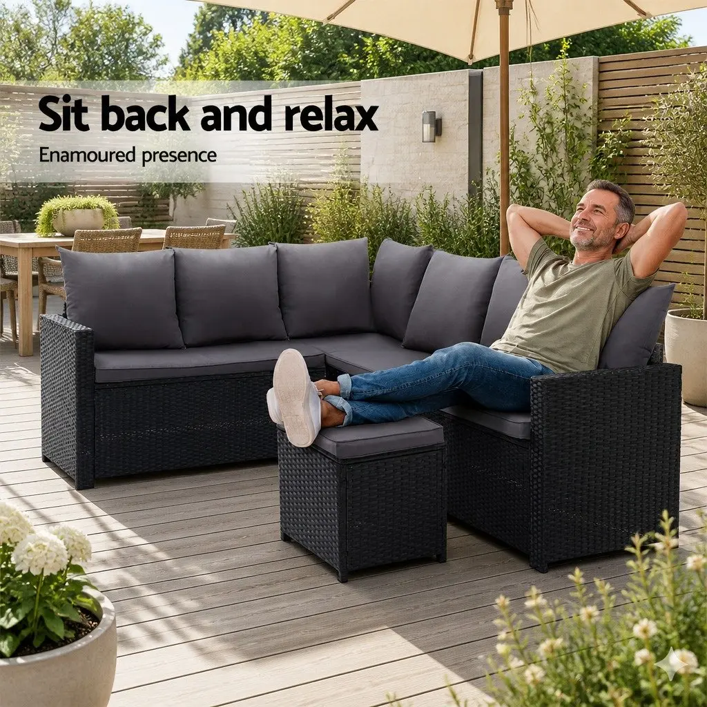 Outdoor Sofa Dining Set Black 9 Piece Modular Lounge Chairs Table Ottoman with Cover