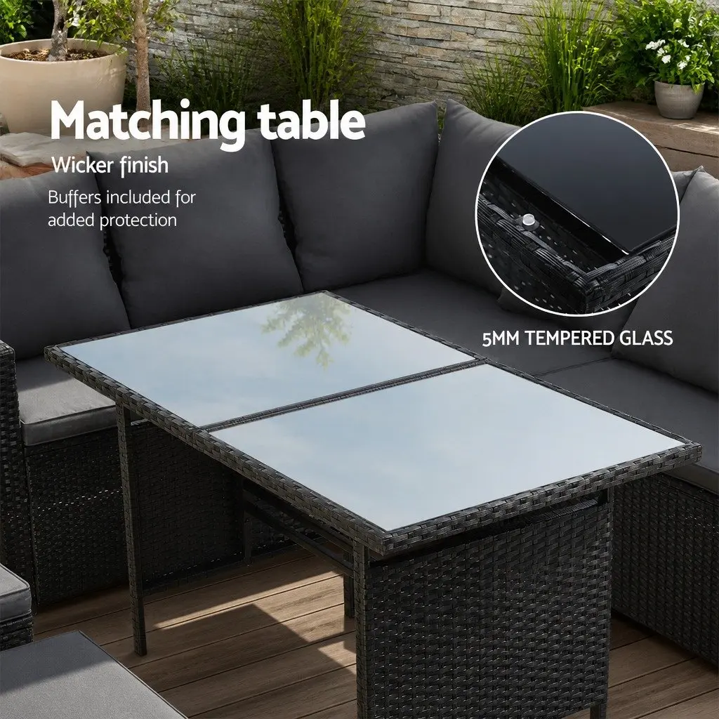 Outdoor Sofa Dining Set Black 9 Piece Modular Lounge Chairs Table Ottoman with Cover