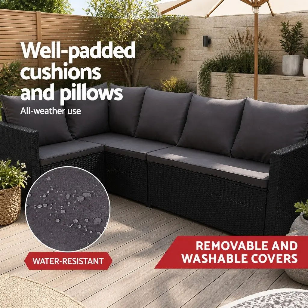 Outdoor Sofa Dining Set Black 9 Piece Modular Lounge Chairs Table Ottoman with Cover
