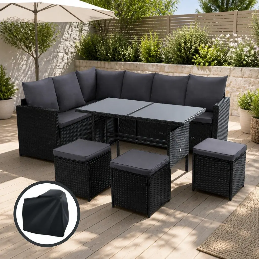 Outdoor Sofa Dining Set Black 9 Piece Modular Lounge Chairs Table Ottoman with Cover