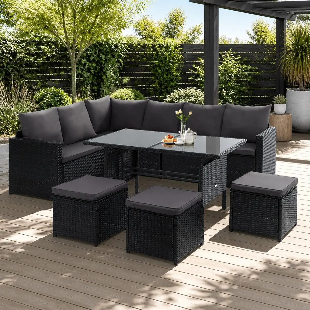 Outdoor Lounge Dining Setting Black 9 Piece Wicker Sofa Set with Table