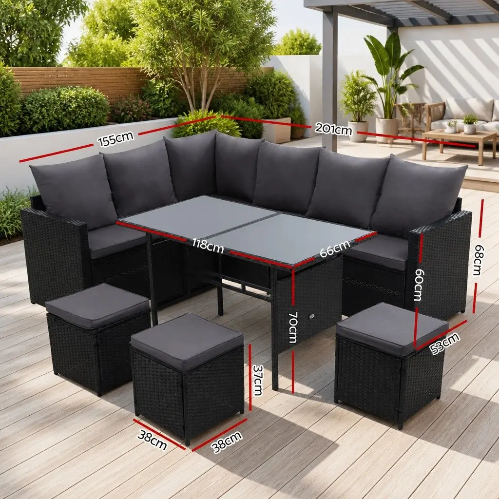 Outdoor Lounge Dining Setting Black 9 Piece Wicker Sofa Set with Table