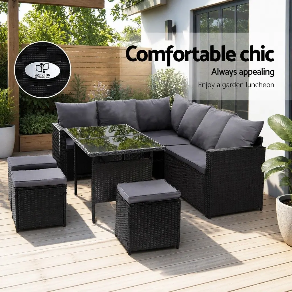 Outdoor Lounge Dining Setting Black 9 Piece Wicker Sofa Set with Table