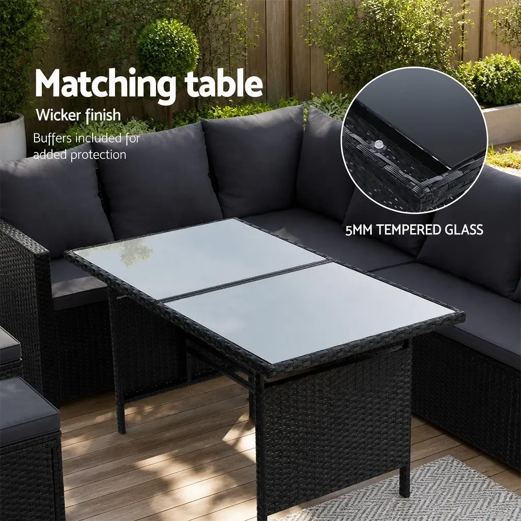 Outdoor Lounge Dining Setting Black 9 Piece Wicker Sofa Set with Table