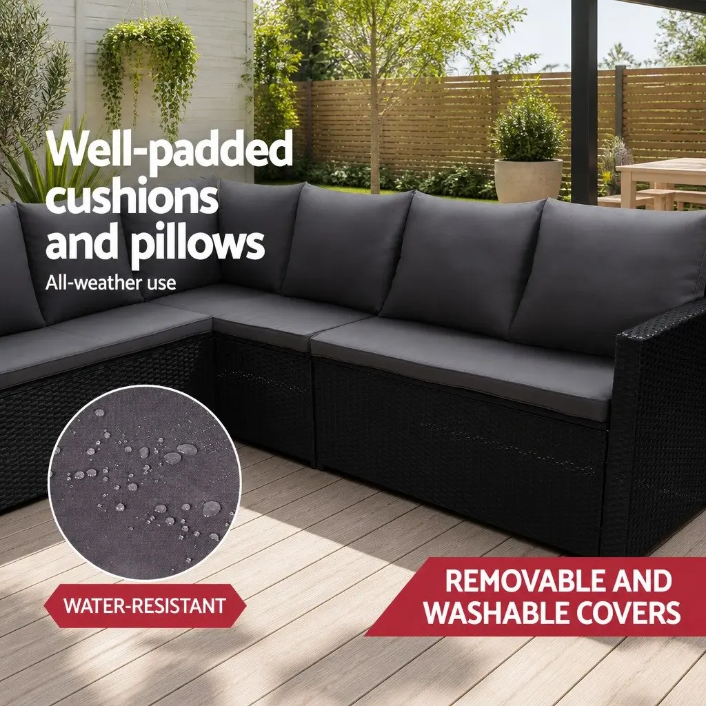 Outdoor Lounge Dining Setting Black 9 Piece Wicker Sofa Set with Table