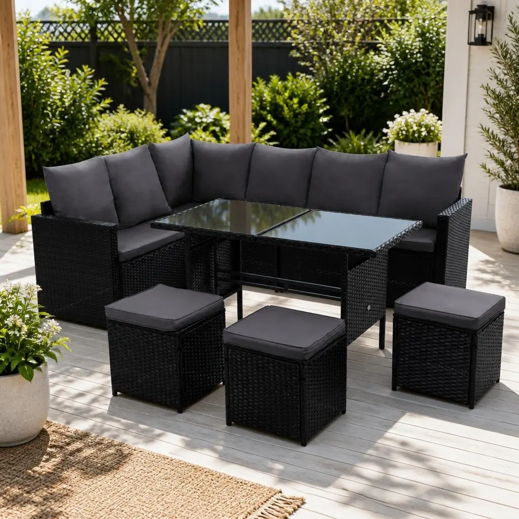 Outdoor Lounge Dining Setting Black 9 Piece Wicker Sofa Set with Table