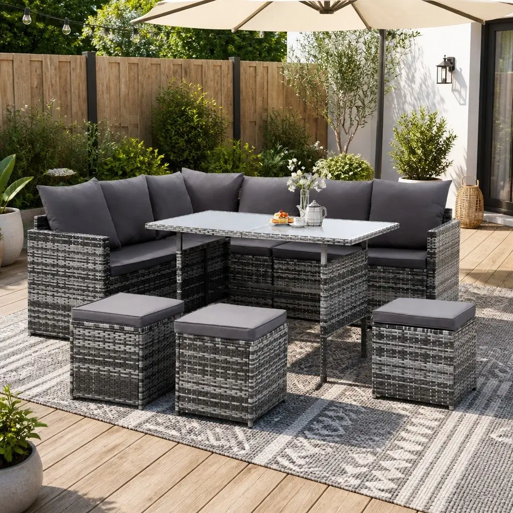 Outdoor Sofa Dining Setting 9 Seater Wicker Lounge Set Mixed Grey with Table
