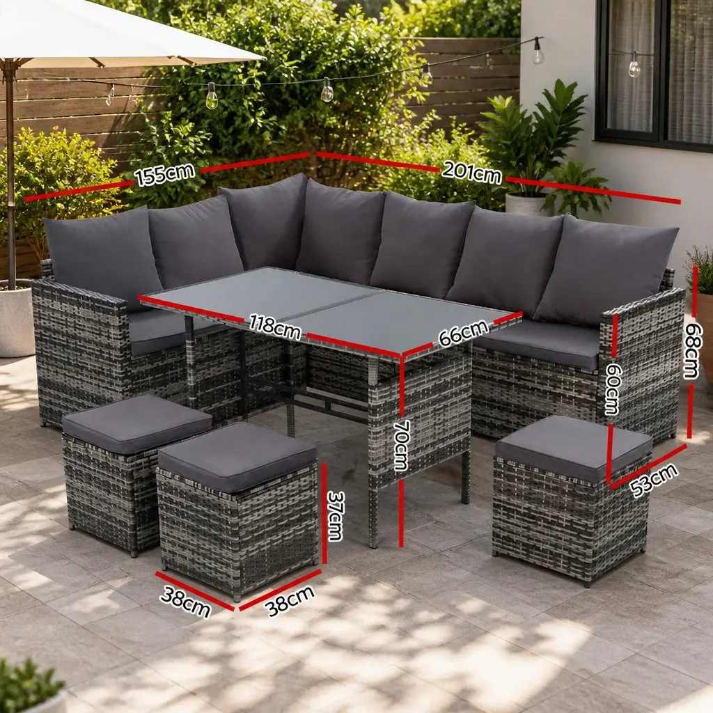 Outdoor Sofa Dining Setting 9 Seater Wicker Lounge Set Mixed Grey with Table
