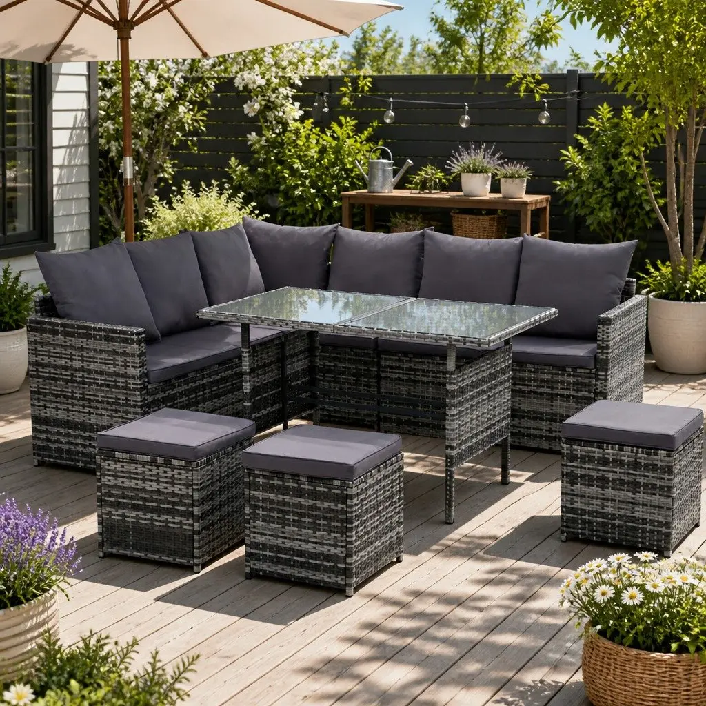 Outdoor Sofa Dining Setting 9 Seater Wicker Lounge Set Mixed Grey with Table