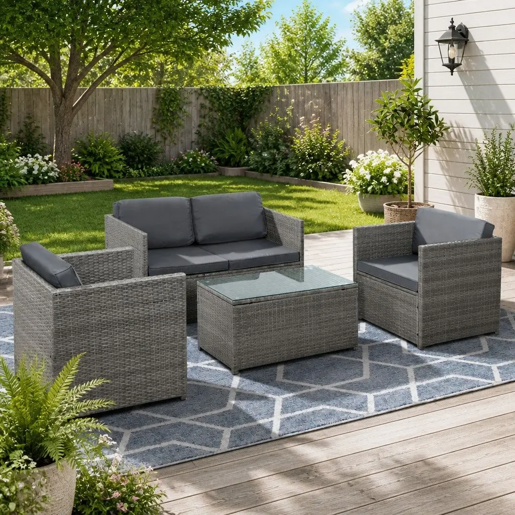 4-Piece Outdoor Wicker Sofa Set Grey 2-Seater Sofa 2 Single Sofas Centre Table