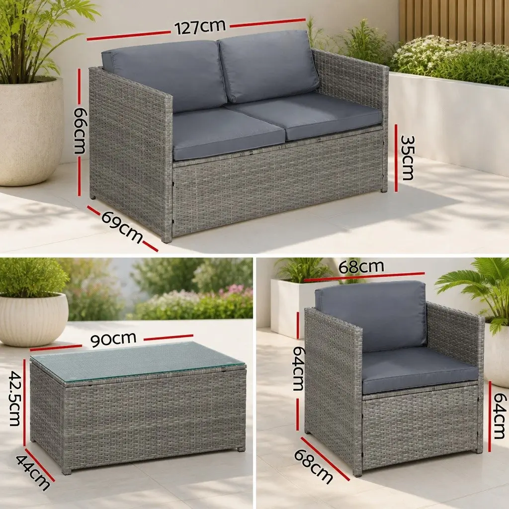 4-Piece Outdoor Wicker Sofa Set Grey 2-Seater Sofa 2 Single Sofas Centre Table
