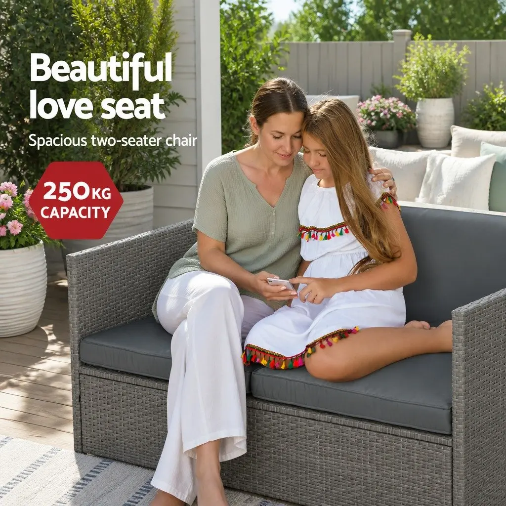 4-Piece Outdoor Wicker Sofa Set Grey 2-Seater Sofa 2 Single Sofas Centre Table