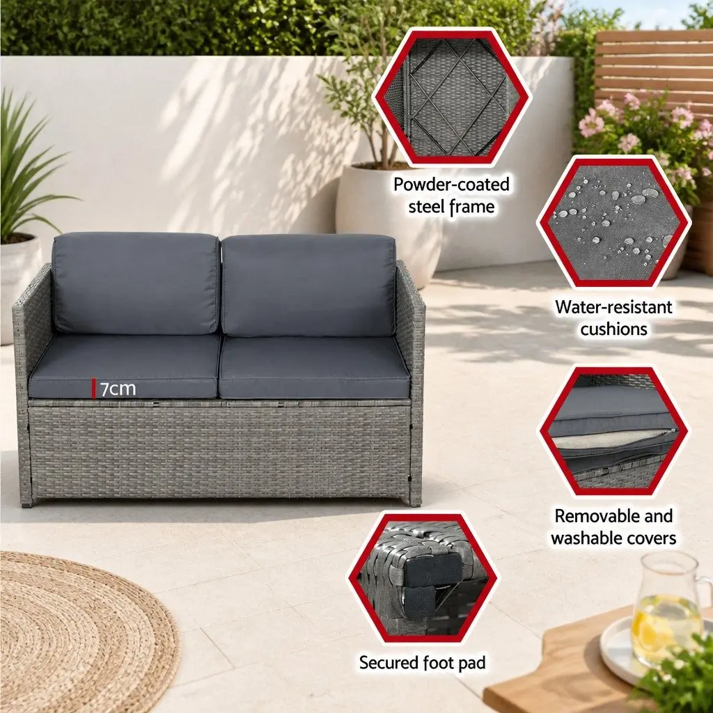 4-Piece Outdoor Wicker Sofa Set Grey 2-Seater Sofa 2 Single Sofas Centre Table