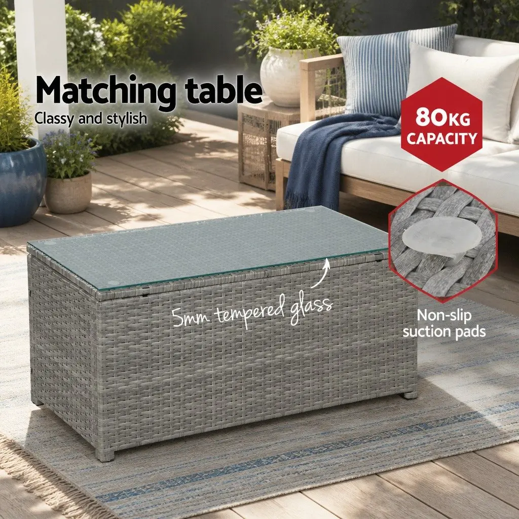 4-Piece Outdoor Wicker Sofa Set Grey 2-Seater Sofa 2 Single Sofas Centre Table