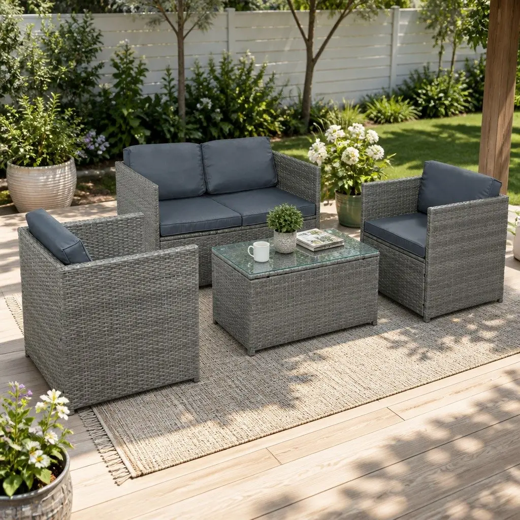 4-Piece Outdoor Wicker Sofa Set Grey 2-Seater Sofa 2 Single Sofas Centre Table