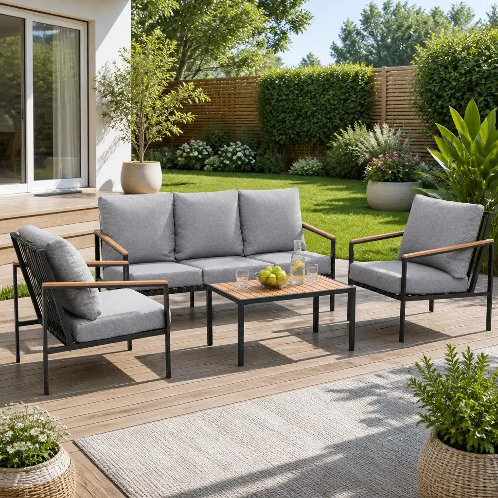Outdoor Lounge Set Black 4 Piece 5 Seater Sofa Chair Bench Garden Patio Furniture