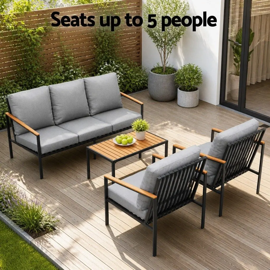 Outdoor Lounge Set Black 4 Piece 5 Seater Sofa Chair Bench Garden Patio Furniture