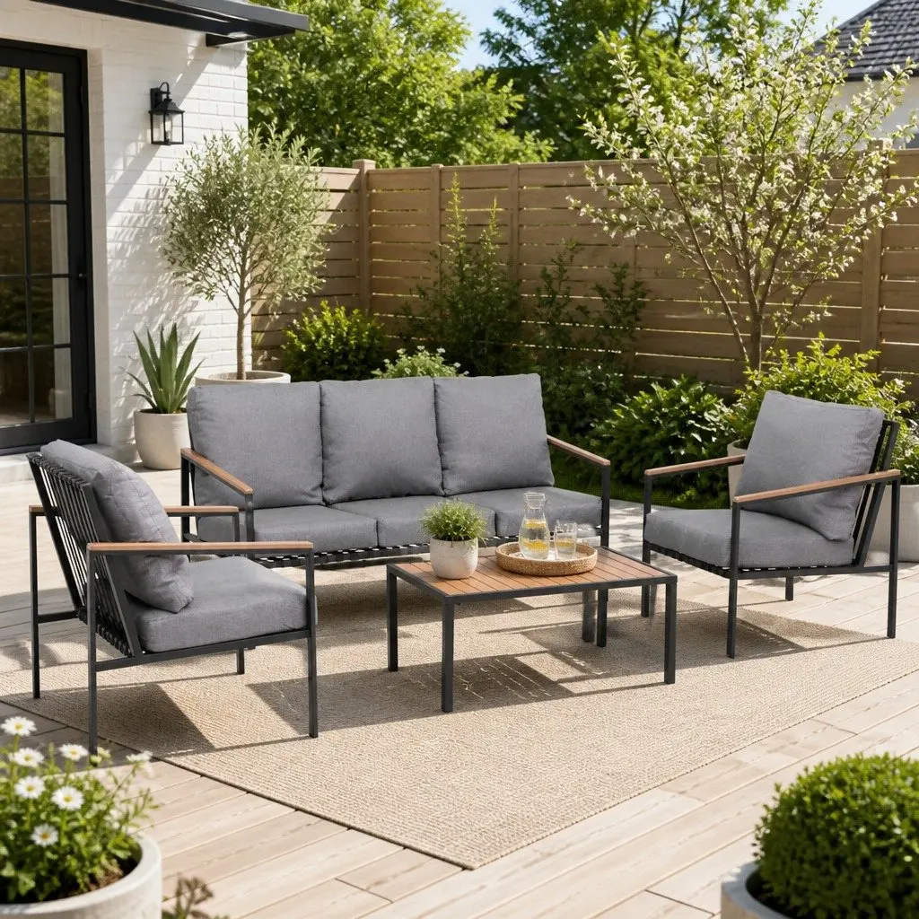 Outdoor Lounge Set Black 4 Piece 5 Seater Sofa Chair Bench Garden Patio Furniture