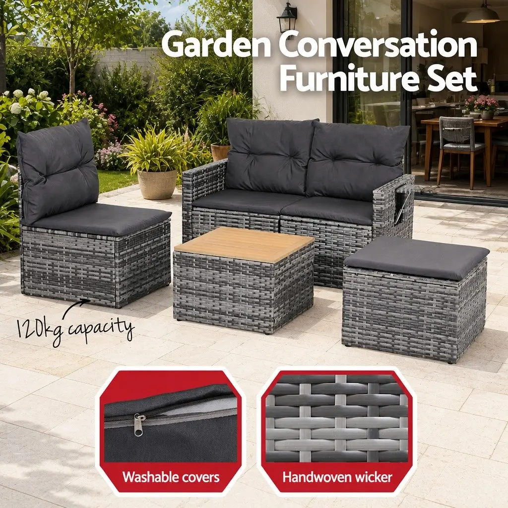 Outdoor Sofa Set 5 Pieces 4-Seater Grey Rattan Patio Lounge Furniture with