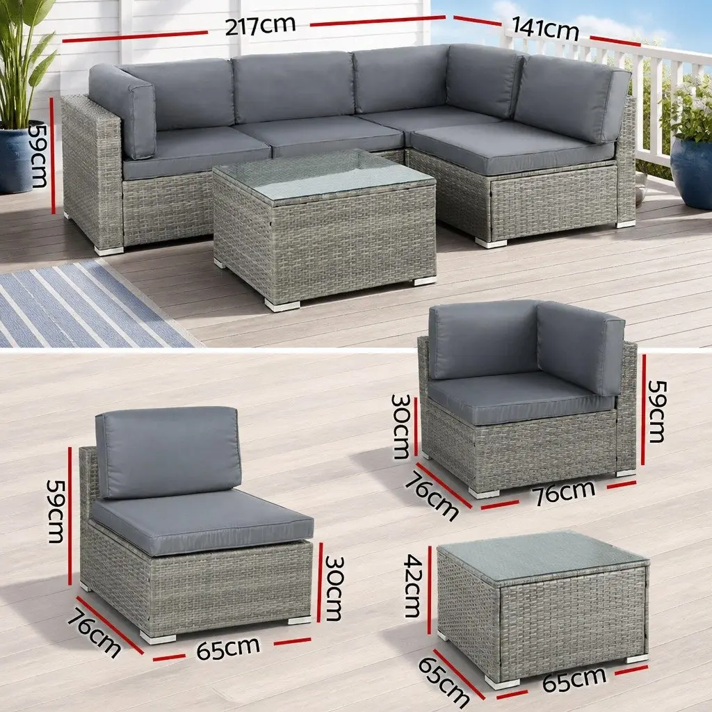 5 Piece Outdoor Sofa Set Grey 4 Seater Wicker Lounge with Glass Top Table
