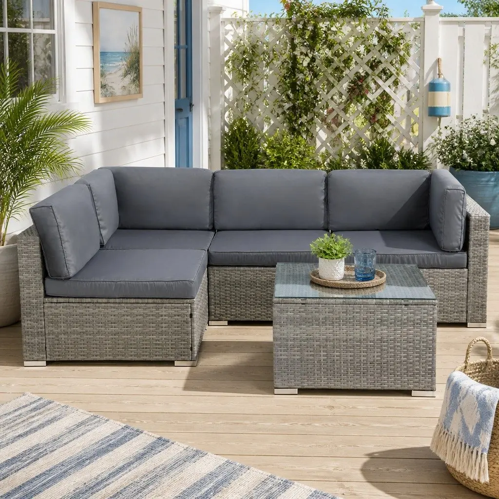 5 Piece Outdoor Sofa Set Grey 4 Seater Wicker Lounge with Glass Top Table