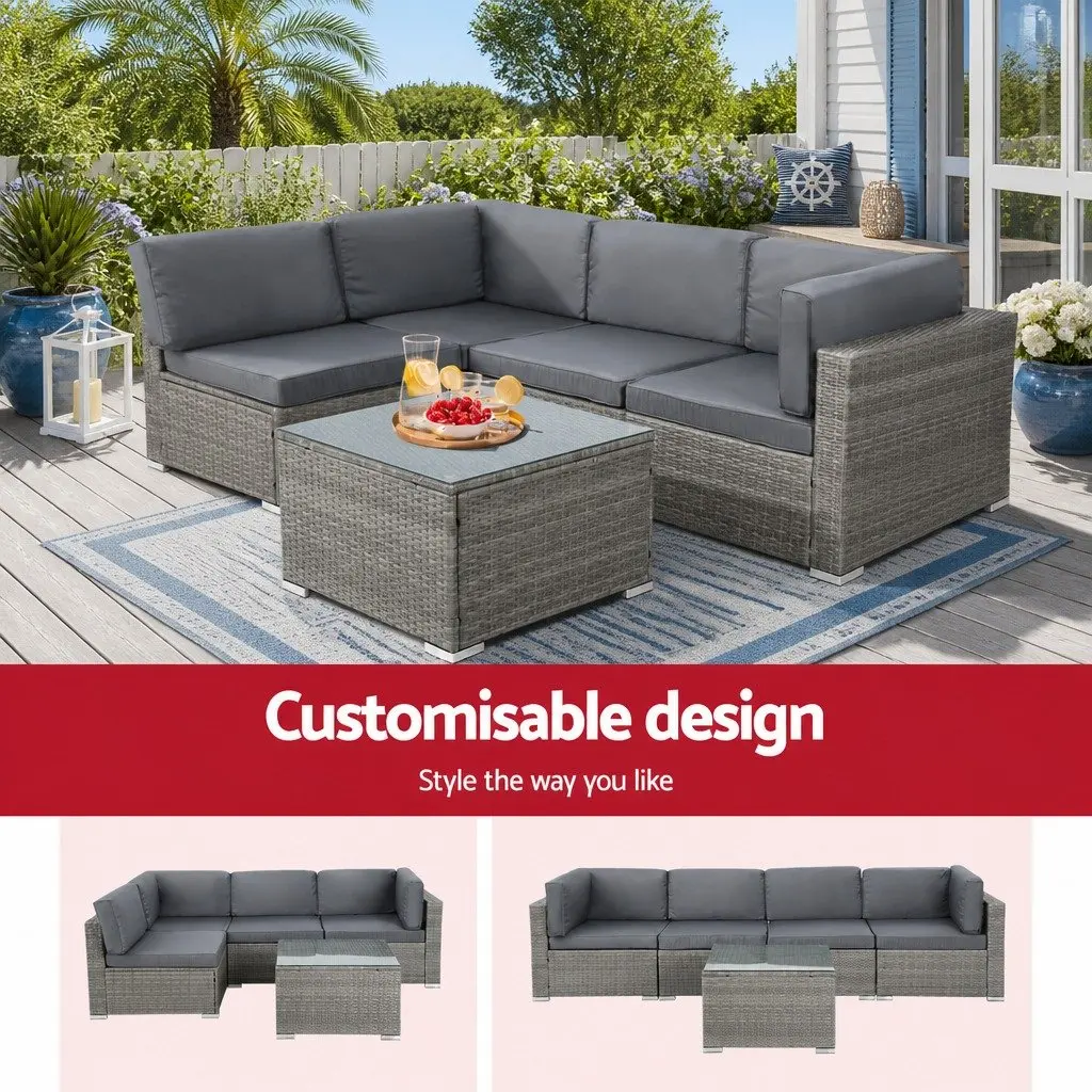 5 Piece Outdoor Sofa Set Grey 4 Seater Wicker Lounge with Glass Top Table