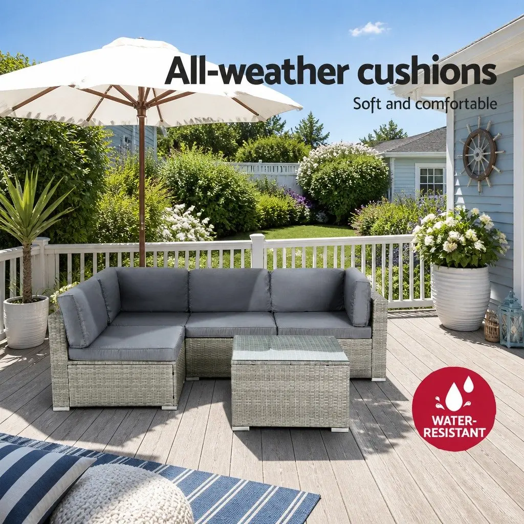 5 Piece Outdoor Sofa Set Grey 4 Seater Wicker Lounge with Glass Top Table