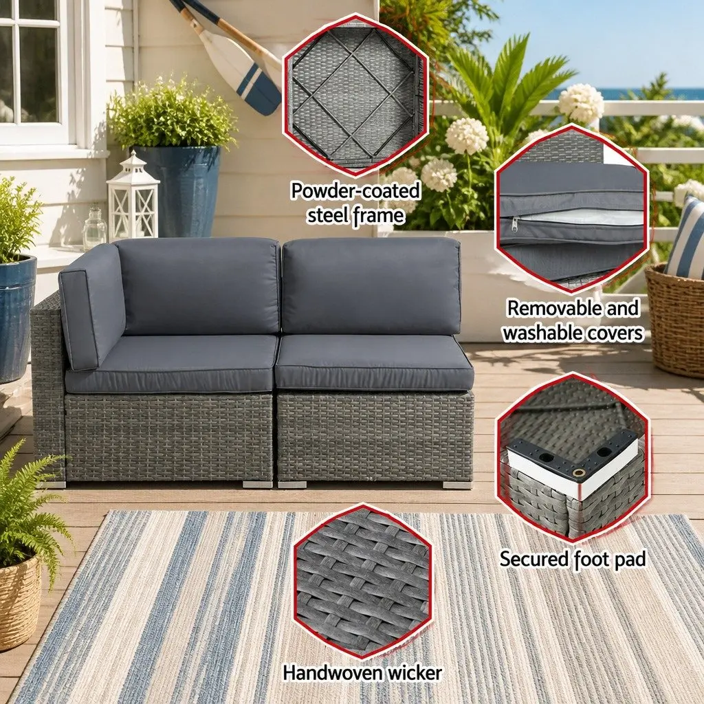 5 Piece Outdoor Sofa Set Grey 4 Seater Wicker Lounge with Glass Top Table