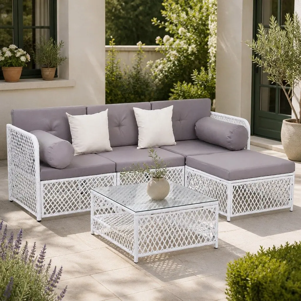 5 Piece Outdoor Sofa Set White PE Wicker Grey Cushions UV Resistant for Indoor and Outdoor Use