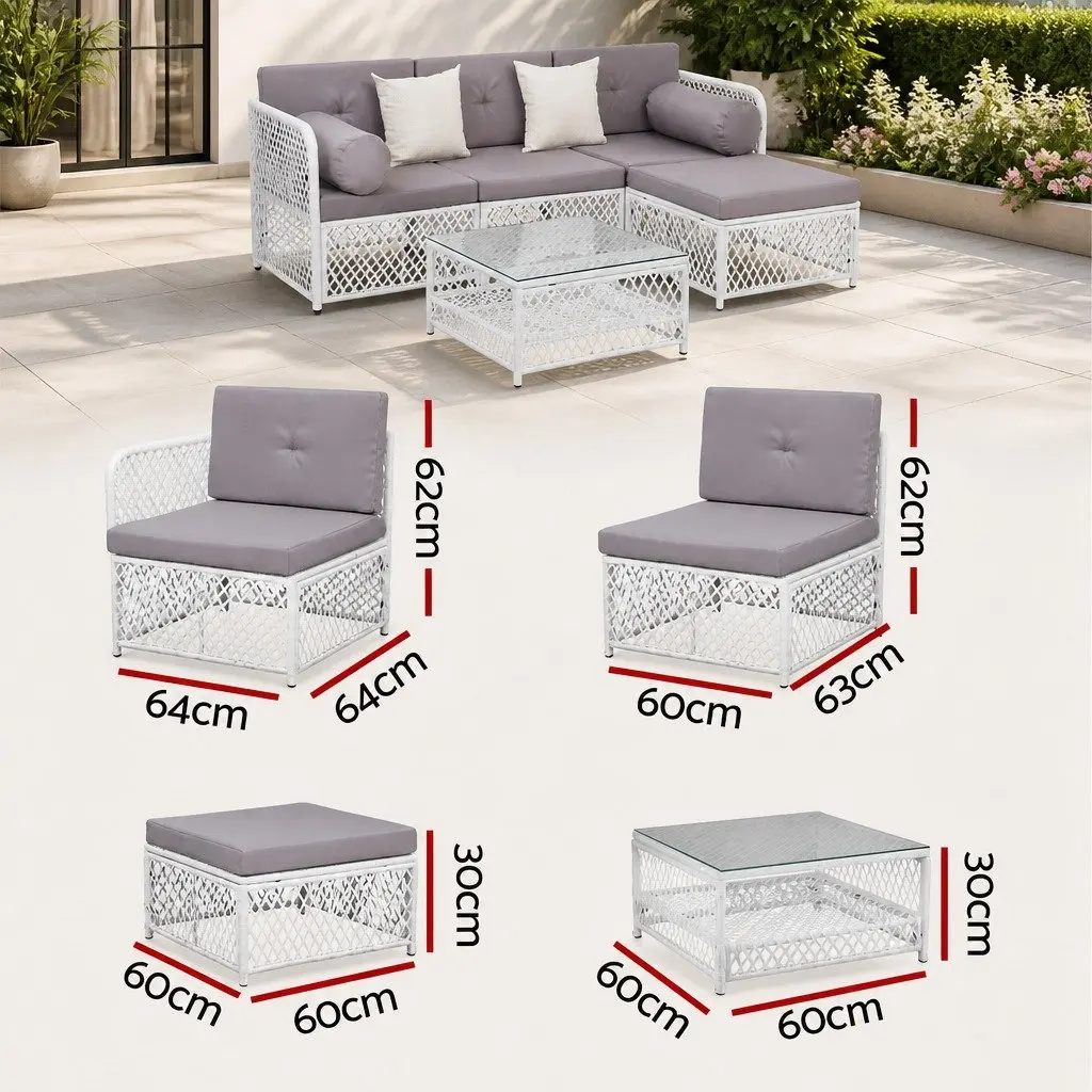 5 Piece Outdoor Sofa Set White PE Wicker Grey Cushions UV Resistant for Indoor and Outdoor Use