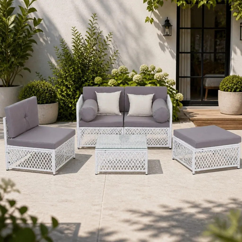 5 Piece Outdoor Sofa Set White PE Wicker Grey Cushions UV Resistant for Indoor and Outdoor Use