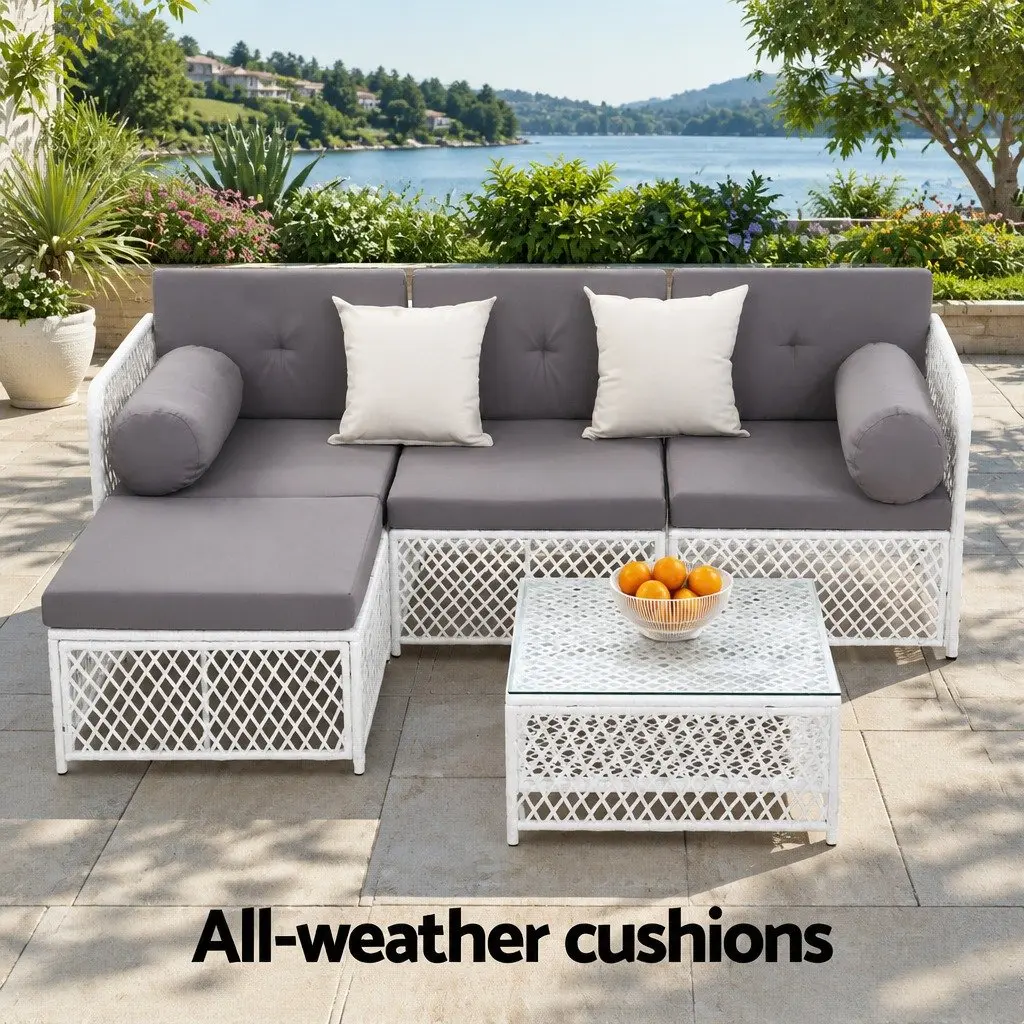 5 Piece Outdoor Sofa Set White PE Wicker Grey Cushions UV Resistant for Indoor and Outdoor Use