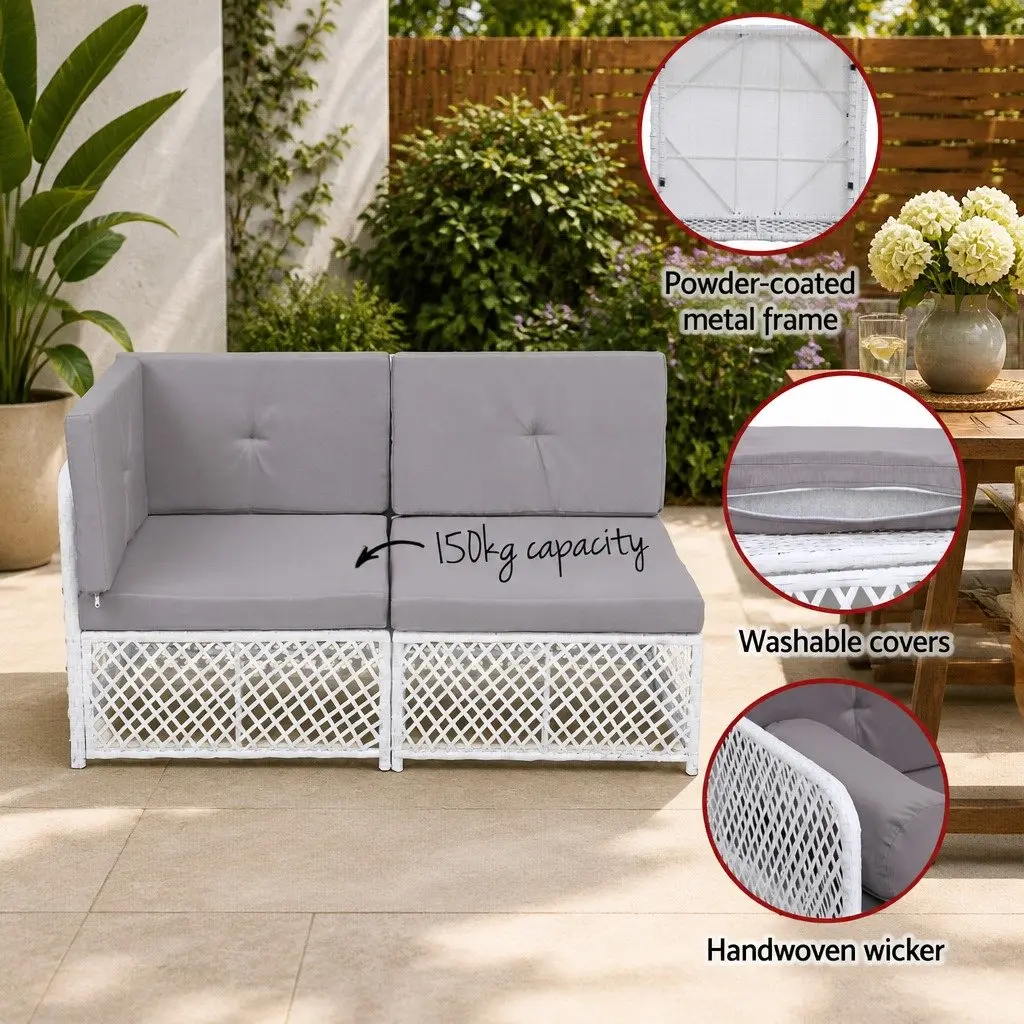 5 Piece Outdoor Sofa Set White PE Wicker Grey Cushions UV Resistant for Indoor and Outdoor Use