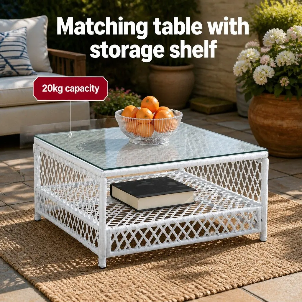 5 Piece Outdoor Sofa Set White PE Wicker Grey Cushions UV Resistant for Indoor and Outdoor Use