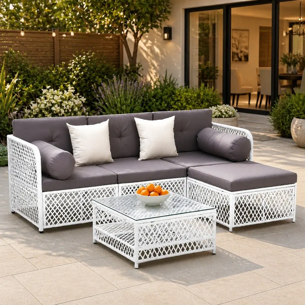 5 Piece Outdoor Sofa Set White PE Wicker Grey Cushions UV Resistant for Indoor and Outdoor Use