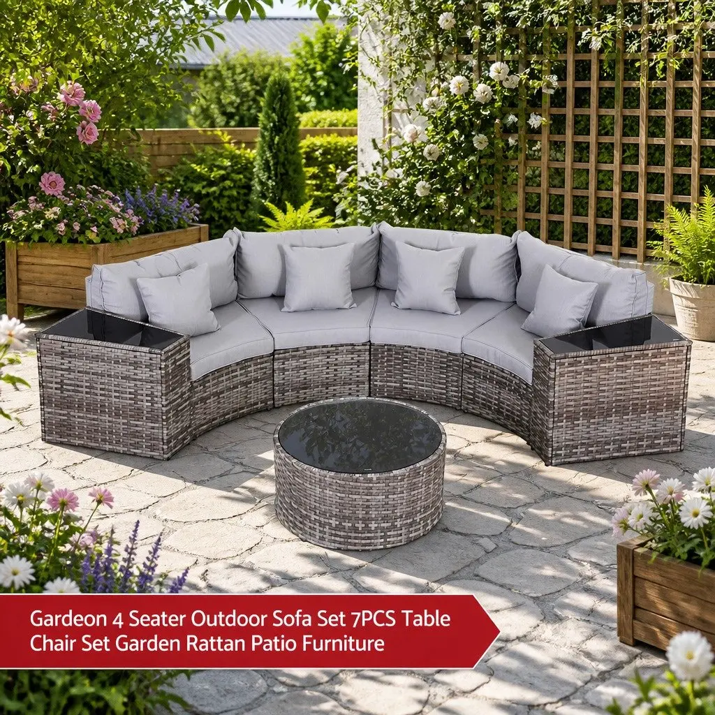 Outdoor Sofa Set Grey 7 Piece Garden Lounge Furniture with Removable Cushions and Tempered Glass Table Top